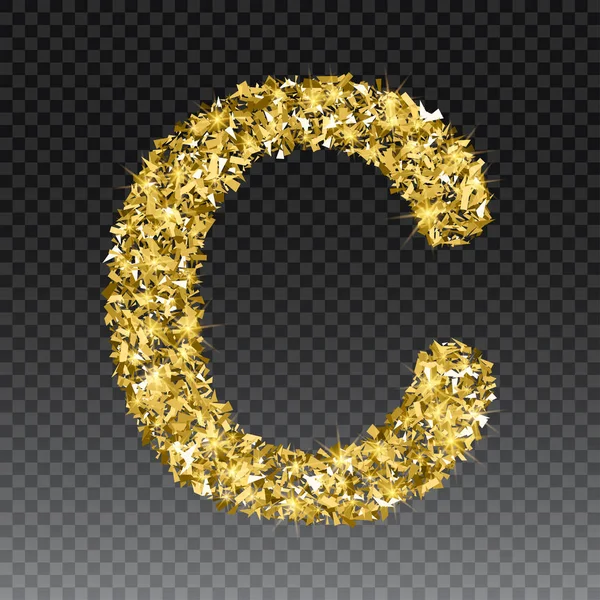 Χρυσό λαμπερό γράμμα C. διάνυσμα λαμπρό χρυσή γραμματοσειρά γράμματα των λάμψεων στην τετραγωνισμένο φόντο — Διανυσματικό Αρχείο