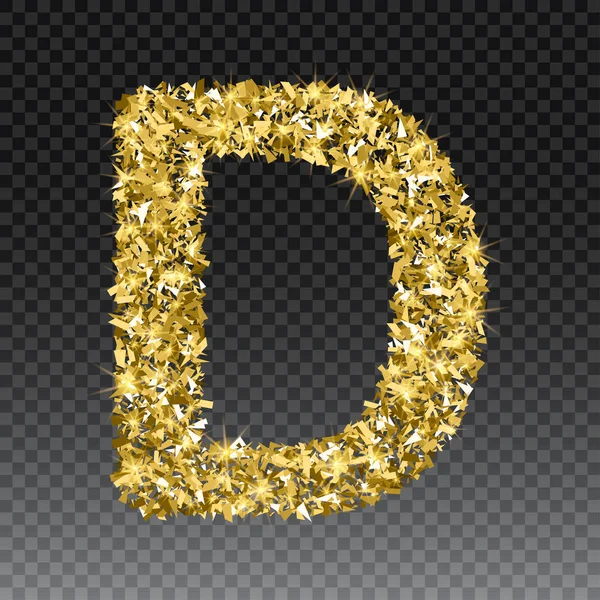 Gold glittering letter D. Vector glanzende gouden lettertype belettering van sparkles op de geruite achtergrond — Stockvector