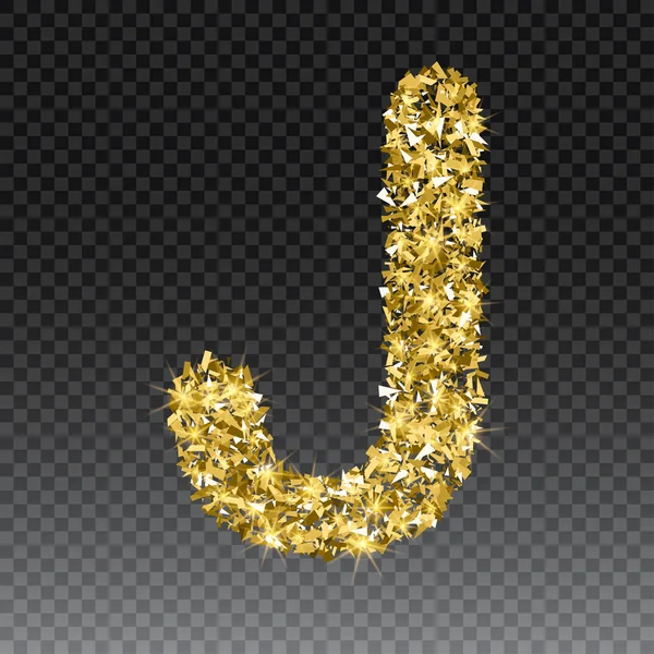 Gold glittering letter J. Vector shining golden font lettering of sparkles on checkered background — Stock Vector