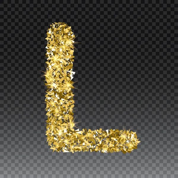 Gold glittering brief L. Vector glanzende gouden lettertype belettering van sparkles op de geruite achtergrond — Stockvector