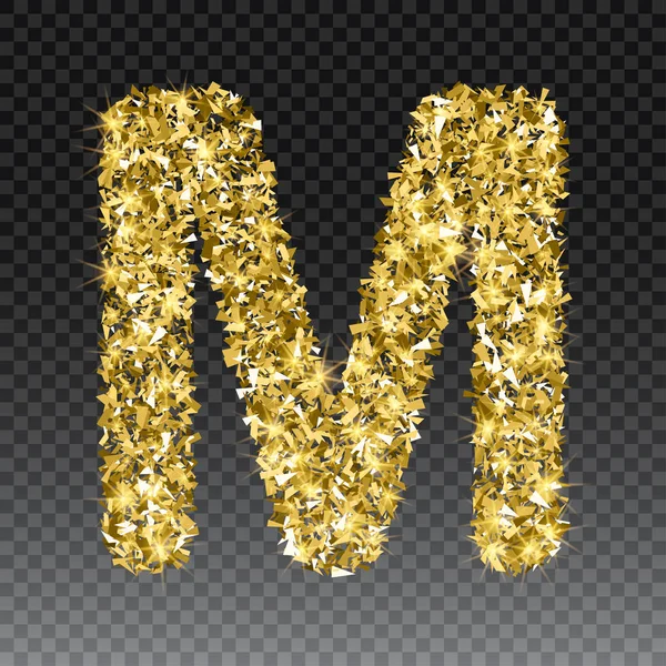 Блестящая золотая буква М. Вектор, сияющий золотым шрифтом, на клетчатом фоне. — стоковый вектор