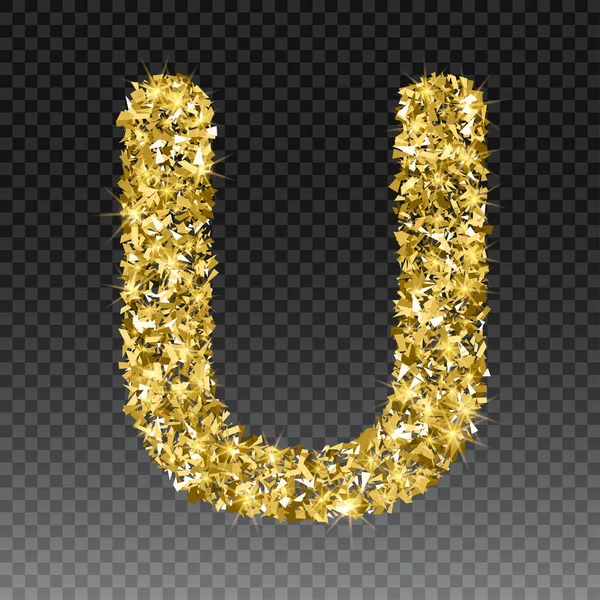 Gold glittering brief U. Vector glanzende gouden lettertype belettering van sparkles op de geruite achtergrond — Stockvector