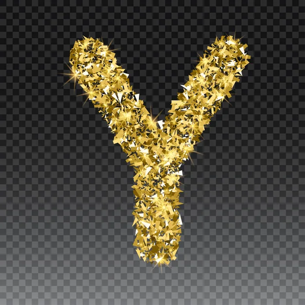 Gold glittering letter Y. Vector glanzende gouden lettertype belettering van sparkles op de geruite achtergrond — Stockvector