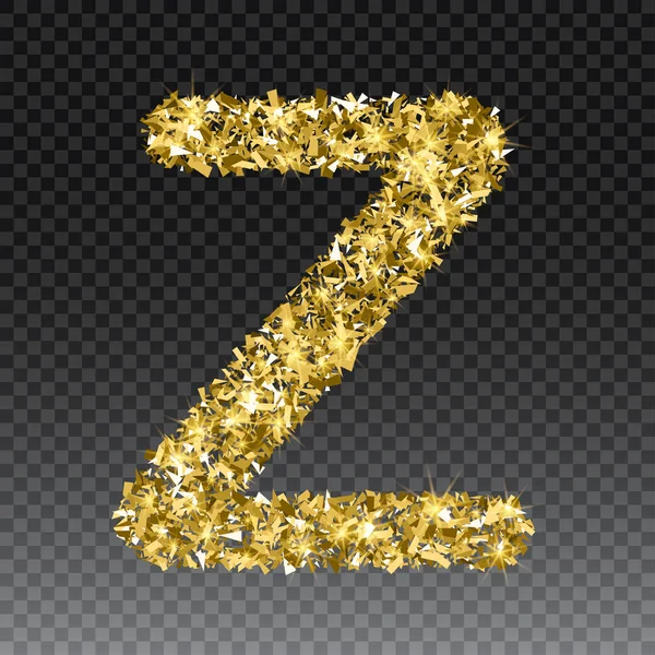 Gold glittering letter Z. Vector shining golden font lettering of sparkles on checkered background — Stock Vector