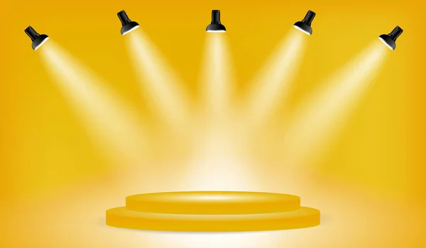 Caixa de luz com plataforma de apresentação em fundo amarelo com cinco holofotes . —  Vetores de Stock