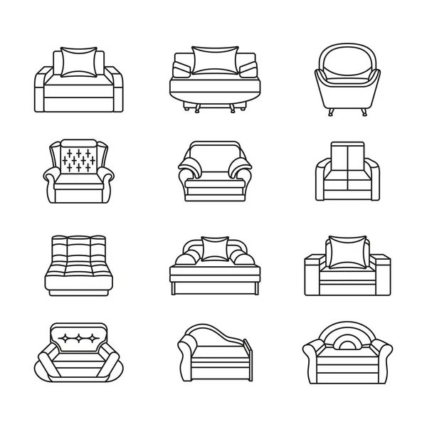 Conjunto de silla icono de línea. Colección de muebles para interiores del hogar — Vector de stock