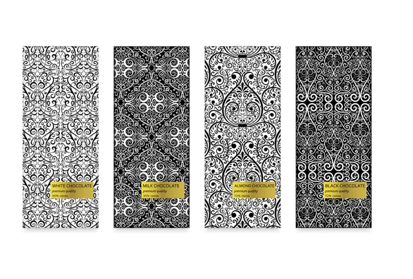 Ensemble d'emballage chocolat dans un style linéaire géométrique à la mode. Noirs, lait, amandes et blancs — Image vectorielle