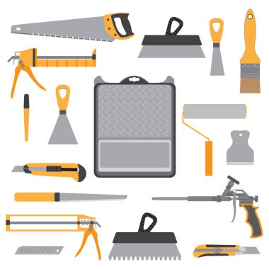 Silindir kova fırça izole renk örneği vektör çizim ile boyama simgeleri düz ayarlamak