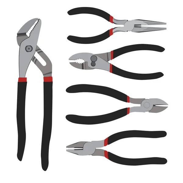 Various pliers, nippers set isolated on white. Tools related to construction, carpentry, repairing works — Stock Vector