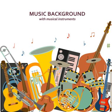 Farklı müzik aletleri, tiz nota anahtarı ve notlar müzik arka plan yapılmış