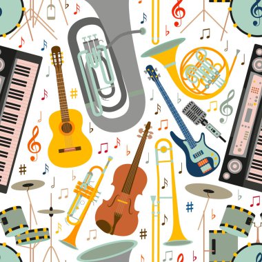 Müzikal seamless modeli farklı müzik aletleri, tiz nota anahtarı ve notlar
