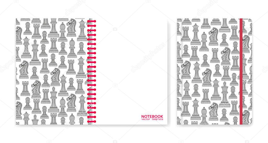 Cover design for notebooks or scrapbooks with ornamental chess pieces