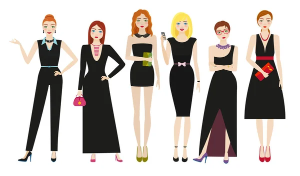 Attraktiva kvinnor i eleganta svarta klänningar — Stock vektor