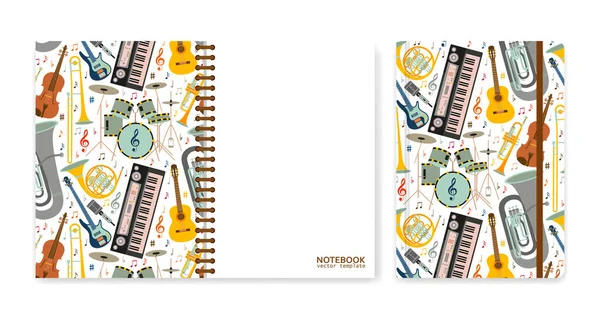 Cover-Design für Notizbücher oder Sammelhefte mit Musikinstrumenten. Vektorillustration. — Stockvektor