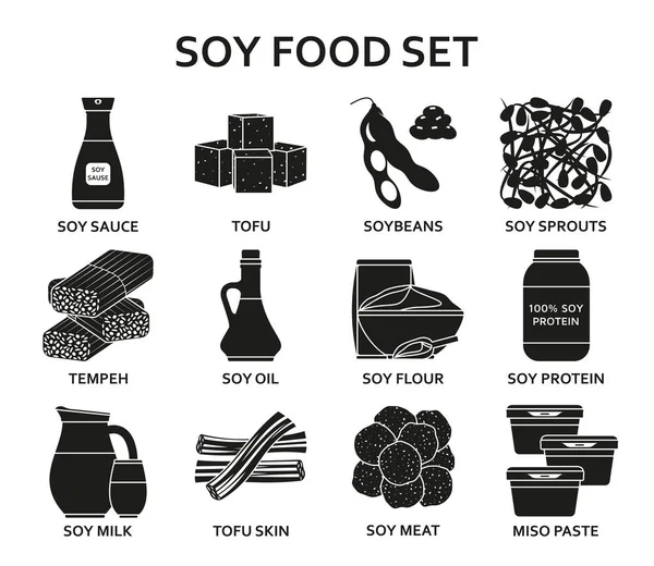 Ensemble d'icônes de silhouette alimentaire de soja — Image vectorielle