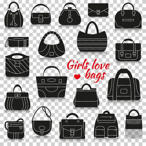 Diferentes bolsas de mujeres. Iconos de silueta con reflexión sobre fondo transparente — Vector de stock