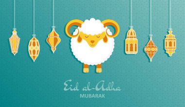 Eid Al Kurban Bayramı arka plan. İslami Arapça fener ve koyun. Tebrik kartı