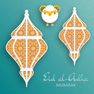 Eid Al Kurban Bayramı arka plan. İslami Arapça fener ve koyun. Tebrik kartı