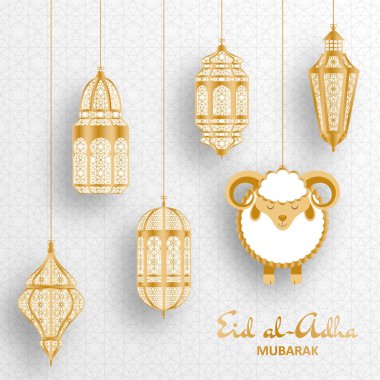 Eid Al Kurban Bayramı arka plan. İslami Arapça fener ve koyun. Tebrik kartı