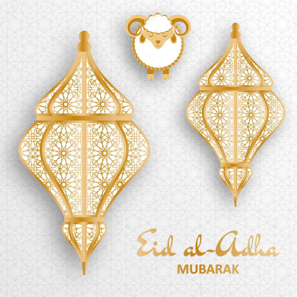 Eid Al Adha Background. Islamic Arabic lantern and sheep. Greeting card