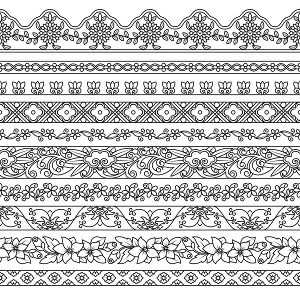 Vector set floral elementen voor etnische decor. Naadloze patronen voor frames, randen en achtergronden. Gedetailleerde decoratieve motieven — Stockvector