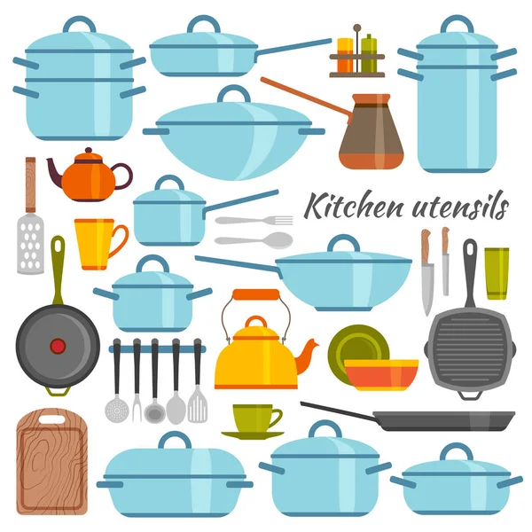 Kitchen utensils flat icons set — Stock Vector