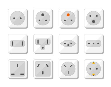 Güç soketi Icon set. Dünya standartlarında farklı ülke fişler için