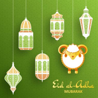 Eid Al Kurban Bayramı arka plan. İslami Arapça fener ve koyun. Tebrik kartı