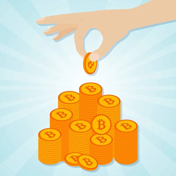 Hand legt goldene Bitcoins auf Treppe — Stockvektor
