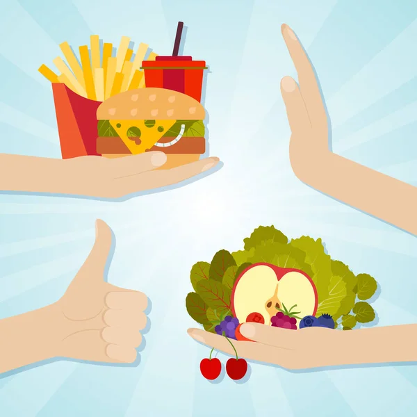 Kezet ad a levélszemét és az egészséges táplálkozás. Élelmiszer-választás fogalma — Stock Vector