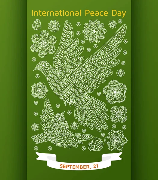 Hintergrund zum Weltfriedenstag mit verzierten Vögeln und Blumen — Stockvektor