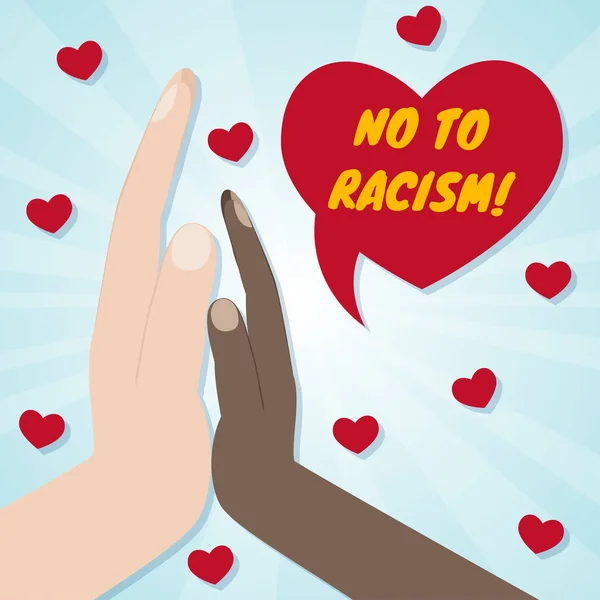 Hände verschiedener Rassen Palme an Palme. rote Herzen auf der Rückseite. Nein zu Rassismus und Diskriminierung — Stockvektor