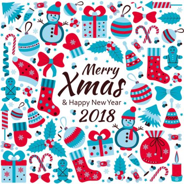 Noel tebrik kartı metinle Merry Xmas ve birçok kış oyuncaklar doodle