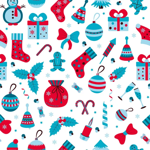 Christmas seamless pattern with many winter doodle toys — Stock Vector