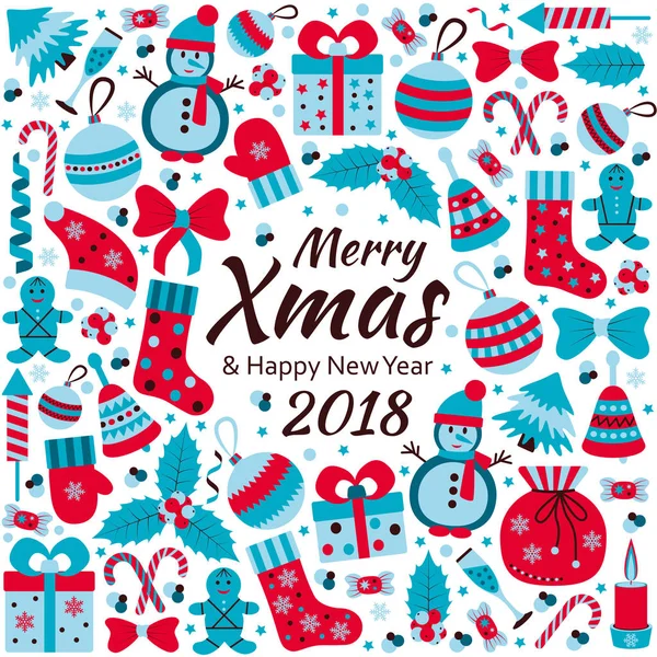 Noel tebrik kartı metinle Merry Xmas ve birçok kış oyuncaklar doodle