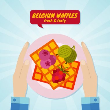 Belçika waffle veren el. Tatlı gıda kavramı