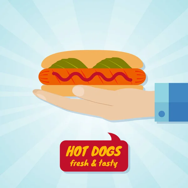 Hand giving hot dog. Fast food concept — Stock Vector