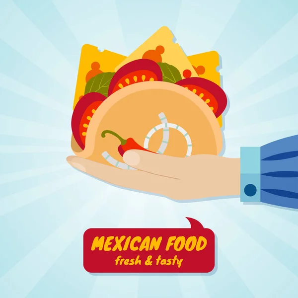 Hand giving tacos. Mexican food concept — Stock Vector