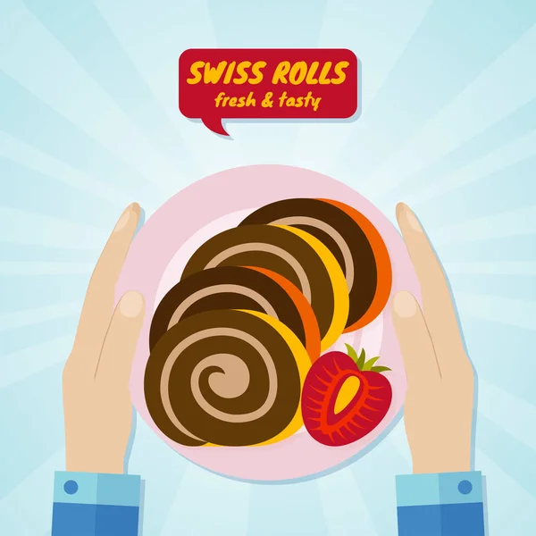 Main donnant des rouleaux suisses. Concept des aliments sucrés — Image vectorielle