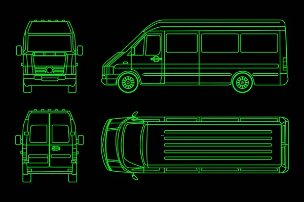 Linear truck pattern on a dark background. View from side, back, front. Vector illustration — Stock Vector