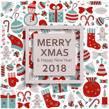 Noel tebrik kartı metinle Merry Xmas ve birçok kış oyuncaklar doodle