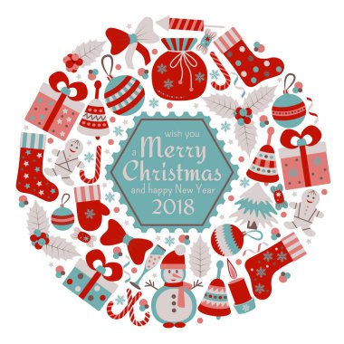 Noel tebrik kartı metinle Merry Xmas ve birçok kış oyuncaklar doodle