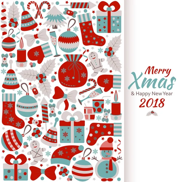 Weihnachtsgrußkarte mit Text Frohe Weihnachten und vielen Winterkritzelspielzeug — Stockvektor