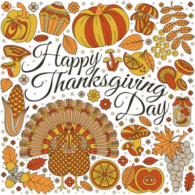 Şükran Günü tebrik kartı. Tasarım için çeşitli öğeleri