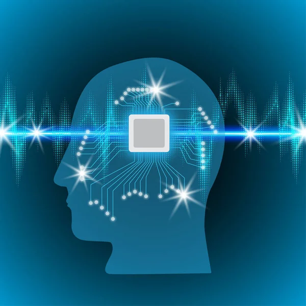 Cervello umano con un microcircuito nella testa, concetto di lavorare con una banda di impulsi con luci luminose, onde sonore bagliore oscillante, sfondo della tecnologia robot, illustrazione vettoriale — Vettoriale Stock