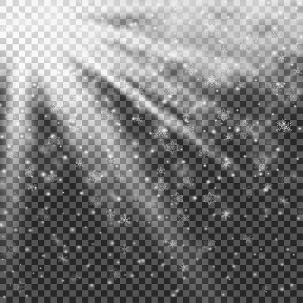 Nieve que cae de las nubes con rayos de sol sobre fondo transparente. Ilustración vectorial — Archivo Imágenes Vectoriales