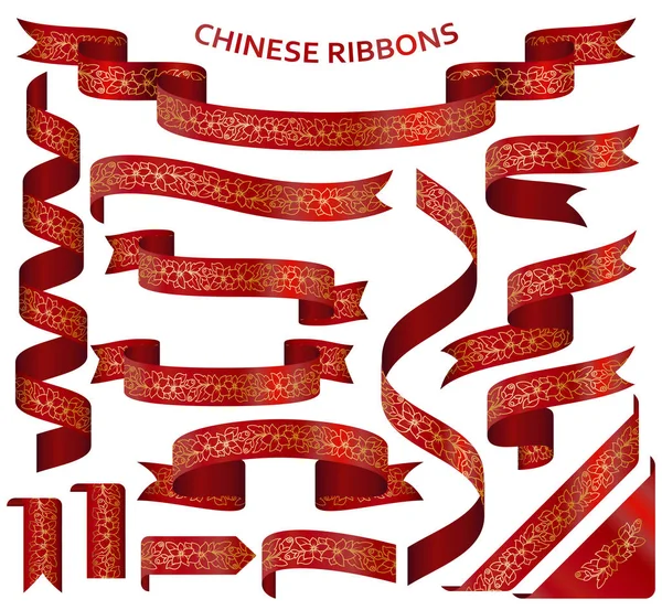 Realistiska röda band med gyllene kinesiska prydnad — Stock vektor