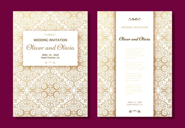 Vorlagen für Hochzeitseinladungen. Cover-Design mit goldenen Damast-Ornamenten — Stockvektor