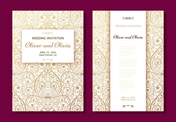 Vorlagen für Hochzeitseinladungen. Cover-Design mit goldenen Damast-Ornamenten — Stockvektor