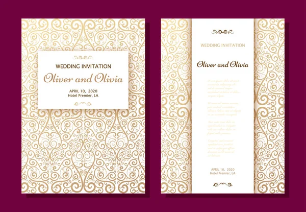 Vorlagen für Hochzeitseinladungen. Cover-Design mit goldenen Damast-Ornamenten — Stockvektor